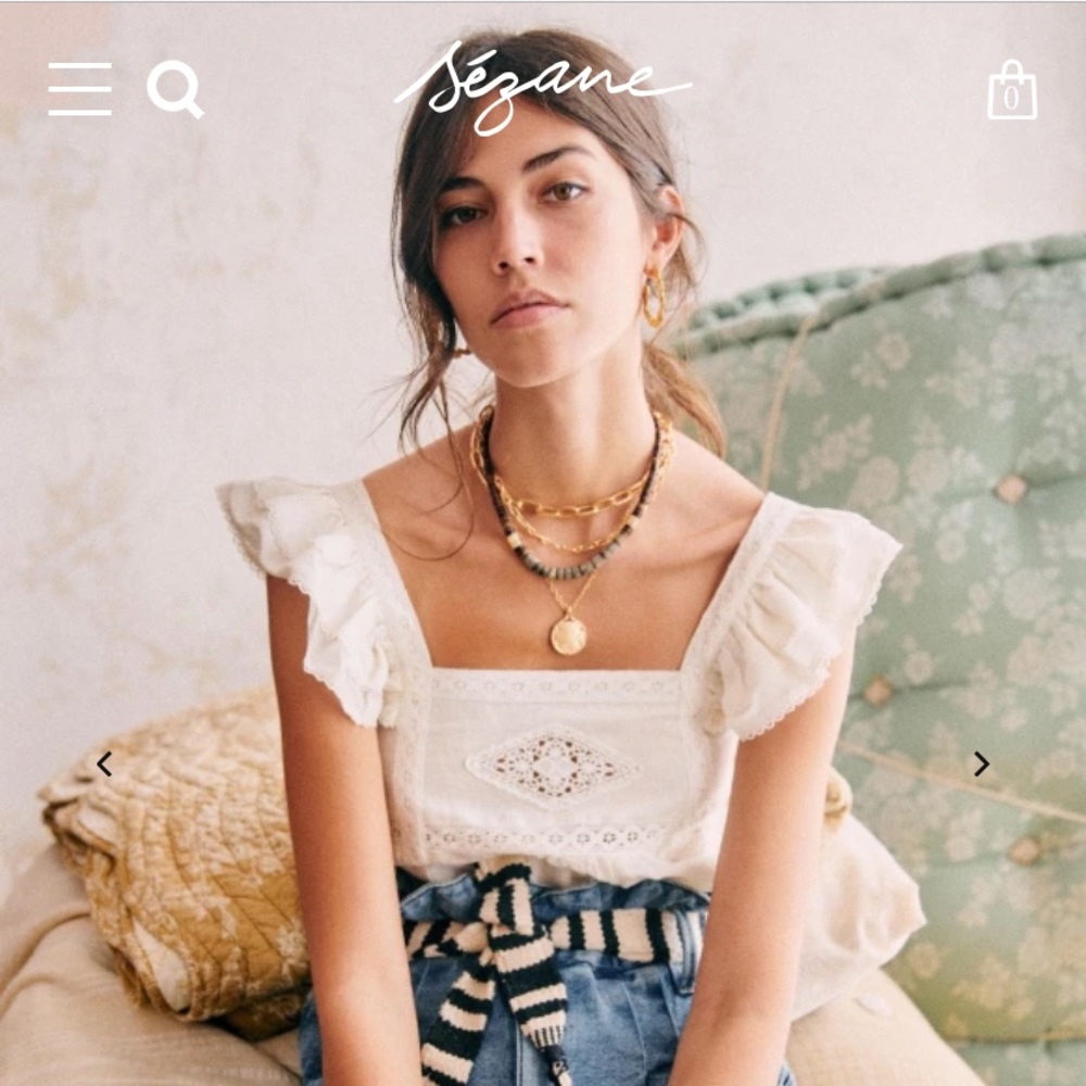 Sezane Cream Lace Square-Neck Ruffled Sleeve Top